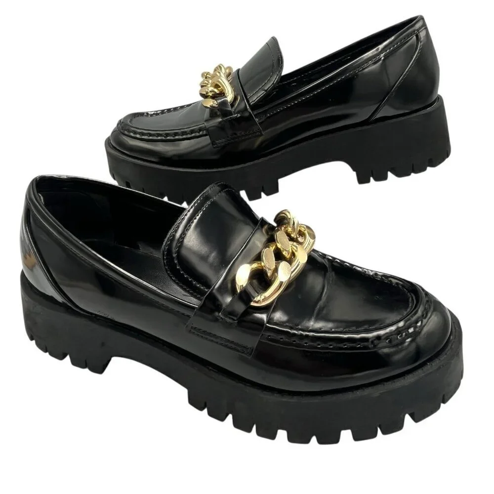 GUESS Womens 8.5 M Hillford Chunky Black Patent Leather Platform Loafer Lug Sole
